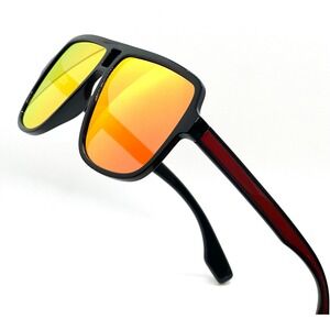 Square Aviator Sunglasses Black Frame‎ Red Mirrored Lens Fashion Sun Glasses